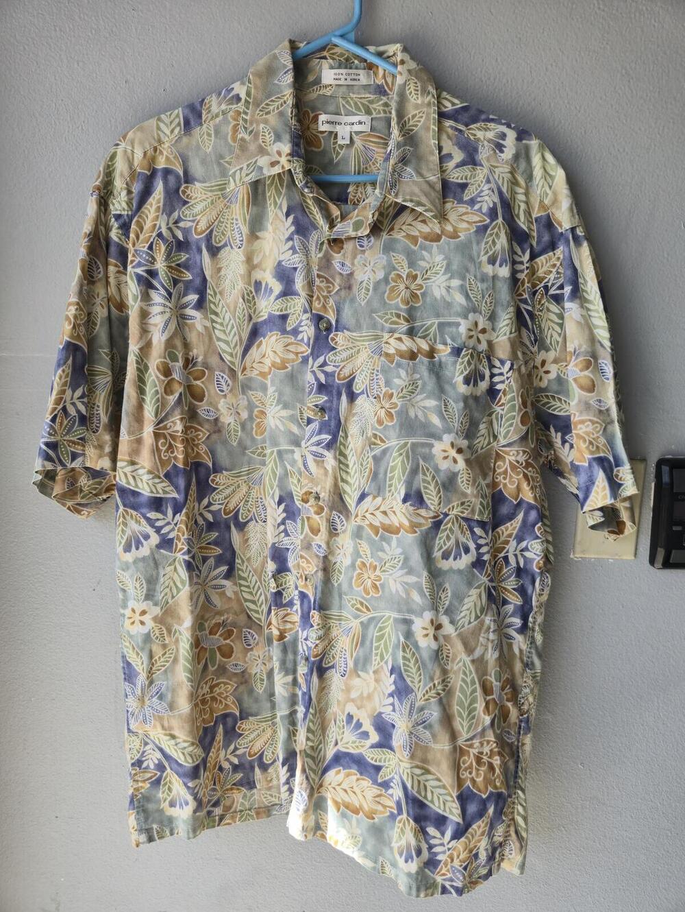 Pierre Cardin Men's Large Floral Hawaiian Cotton Button-Up Shirt